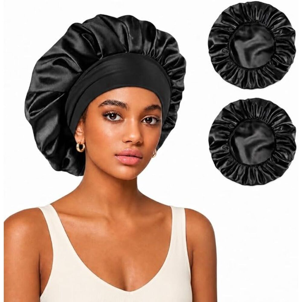 2-Pack Black Double-Layer Satin Sleep Bonnets for Women & Men - One Size